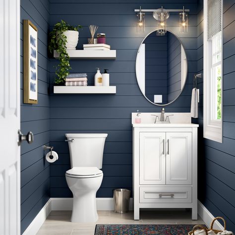 Small Half Bathroom, Half Bath Ideas, Half Bathroom Remodel, Oval Mirror Bathroom, Powder Room Decor, Bathroom Color, Toilet Design, Half Bathroom, Single Sink Bathroom Vanity