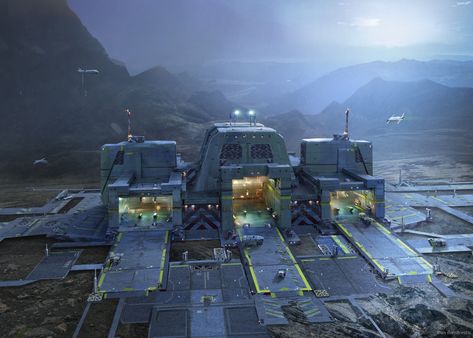 ArtStation - MetalCore - Sci fi Architecture - Repair Bay, Factory, Refinery Sci Fi Environment Concept Art, Cyberpunk Building, Sci Fi Base, Scifi Building, Scifi City, Sci Fi Architecture, Sci Fi Landscape, Futuristic Building, Sci Fi Tech