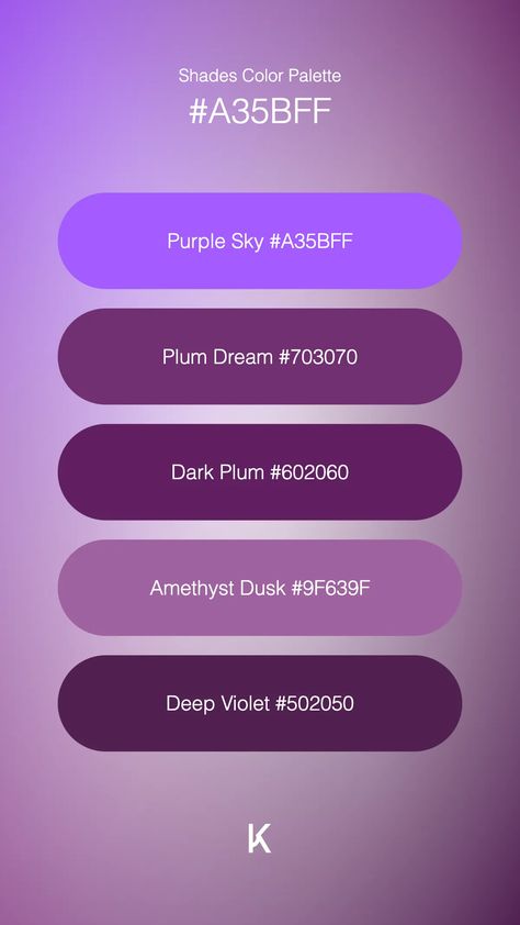 Shades Color Palette Purple Sky #A35BFF · Plum Dream #703070 · Dark Plum #602060 · Amethyst Dusk #9F639F · Deep Violet #502050 Color Palette Purple, Hex Color Palette, Hex Codes, Purple Sky, Vibrant Purple, Hex Colors, Unique Colors, Color Trends, Color Palettes