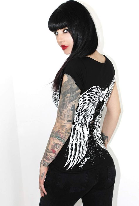 Demi Loon Sexy Biker Babe Tee Slashed Cut Out Angel Wings Skull Tattoo Shirt Ladies Motorcycle T-Shirt #Sponsored Tattoo Pinup, Angel Wing Tattoo, Ladies Motorcycle, Tattoo Shirt, Petite Models, Biker Babe, Angel Wings Tattoo, Tattoo Shirts, Wing Tattoo