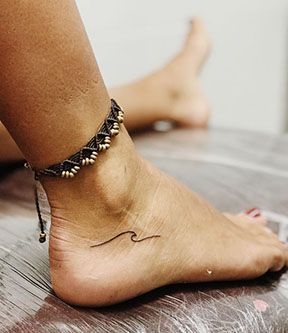 Life Comes In Waves Tattoo, Ankle Wave Tattoos For Women, Pura Vida Wave Tattoo, Cute Wave Tattoos, Foot Tattoo Placement Ideas, Wave Ankle Tattoos For Women, Small Wave Tattoo Ankle, Wave Tattoo On Ankle, Dainty Wave Tattoo