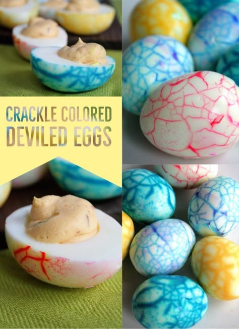 Crackle Colored Deviled Eggs - Doughmesstic #deviledeggs #easter Color Deviled Eggs, Dyed Deviled Eggs, Colored Deviled Eggs, Halloween Deviled Eggs, Thanksgiving Deviled Eggs, Sriracha Deviled Eggs, Egg Project, Easter Deviled Eggs, Keto Deviled Eggs