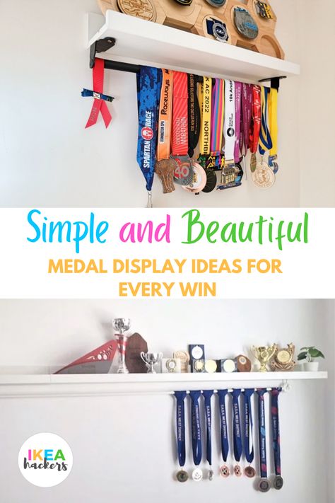 Looking for a way to display your medals? Want ideas on how to make your own medal display stand?Whether you want to fill a whole wall or a small corner, you’ll find an IKEA hack that will do just that.Check out our six simple ideas for DIY medal display! How To Display Trophies And Medals, How To Display Gymnastics Medals, Metal Holder Sports, Ikea Picture Shelf Hack, How To Display Track Medals, Ideas For Medals Display, Dance Metal Display, Trophy And Medal Display Ideas Diy, Medals Hanger Ideas