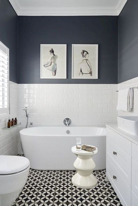 What color to paint a black and white tile bathroom? White Tiles Painted Walls Bathroom, Tiled And Painted Bathroom, White Tile And Black Grout Bathroom, Bathroom Black White Tile Floor, Bathroom Ideas Black And White Tile, Black And White Bathrooms With Color, Black And White Bathroom Small Simple, Paint Colors For Black And White Bathroom, Paint For Black And White Bathroom