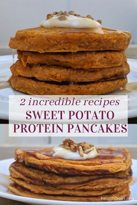 Protein Sweet Potato, Health Beet, Sweet Potato Pancakes Recipe, Pancake Calories, Sweet Potato Pancakes, Yummy Sweet Potatoes, Sweet Potato Protein, Sweet Potato Breakfast, Cooking Sweet Potatoes