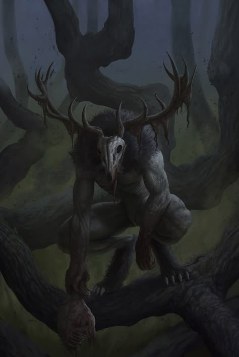 ArtStation - The Wendigo, Mickaël Bois Humanoid Wendigo, Windigo Monster Art, Wendigo Pictures, Were Creatures Concept Art, Wendigo Concept Art, Wendigo Oc Human, Windego Art, Wendigo Human Form, Wendigo Wallpapers