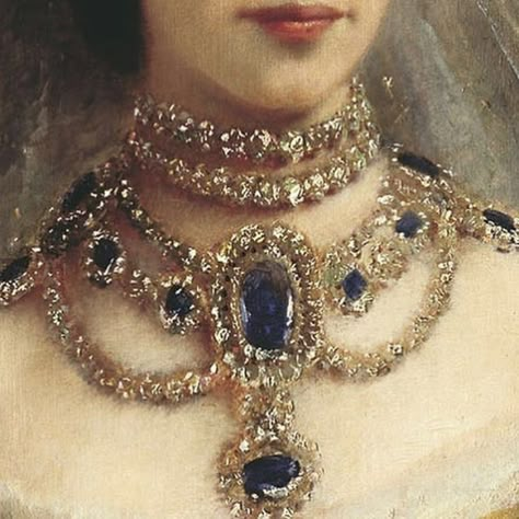 Gemologist Aesthetic, Blue Royal Aesthetic, Vintage Jewellery Aesthetic, Vintage Victorian Aesthetic, Royal Portraits Painting, Necklace Drawing, Royal Core, Royal Aesthetic, Old Portraits