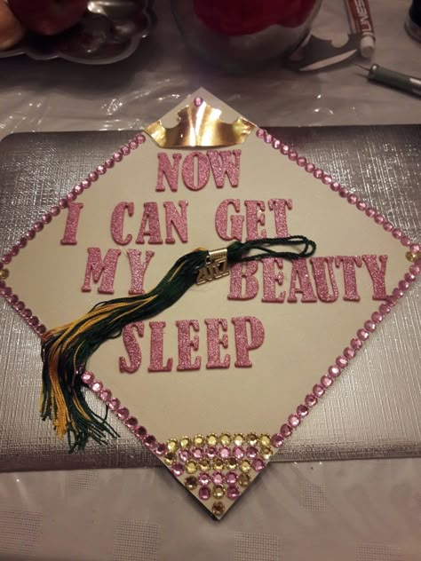 Cosmo School Grad Cap, Esthetician Grad Cap, Beauty School Cap Ideas, Graduation Cap Designs Esthetician, Cosmo Graduation Cap, Pink Cap Decoration, Sleeping Beauty Graduation Cap, Cosmetology Grad Cap, Cosmetology School Graduation Cap