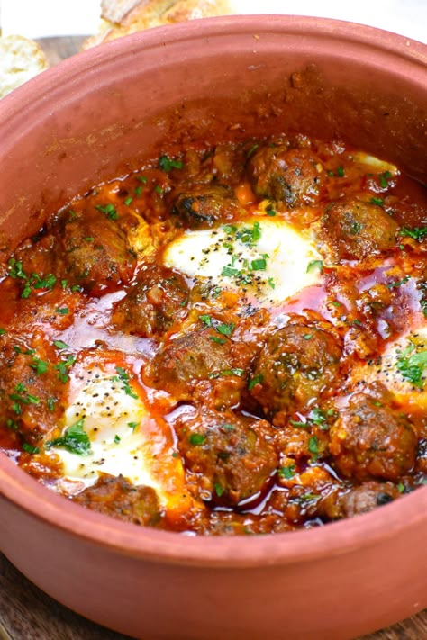 Angled view of meatball tagine. Meatball Tagine, October Dinner, Maggie Beer, Arabisk Mad, Beef Tagine, Moroccan Meatballs, Moroccan Tagine, Resepi Biskut, Moroccan Cooking