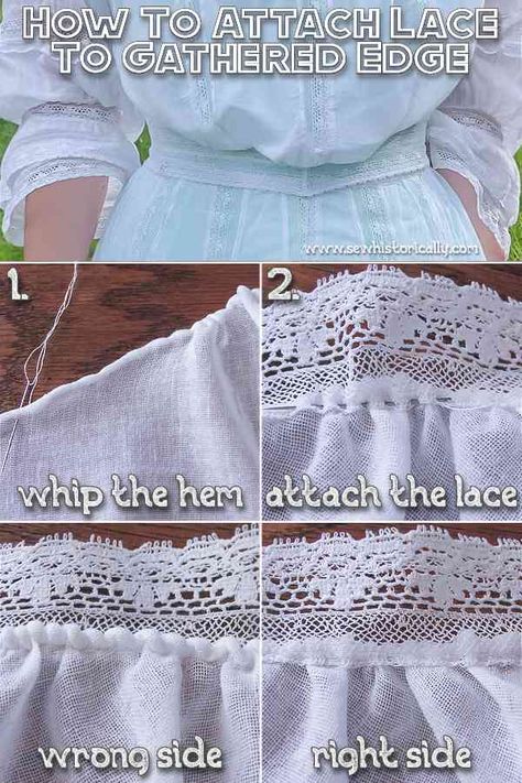 Lacemaking For Beginners, How To Make Lace Tutorials, Hand Sewn Dress Diy, Needle Lace Edging, How To Sew Lace, How To Sew Lace On Fabric, How To Hem A Dress, How To Hand Sew, Edwardian Lingerie Dress