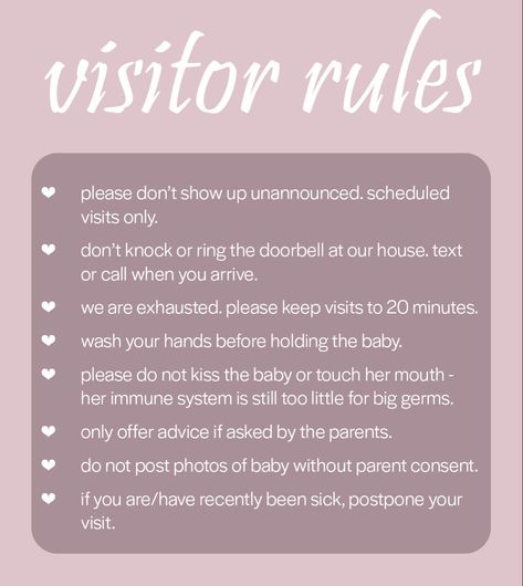 Newborn baby visit visitor rules guest guidelines in-laws grandparents hospital Rules For My Newborn, When Visiting A Newborn, Rules For Hospital Visitors, Rules For Newborn Baby, Rules When Visiting New Baby, Labor And Delivery Rules For Family, Birth Rules For Visitors, Newborn Rules For Visitors Sign, Baby Boundaries List