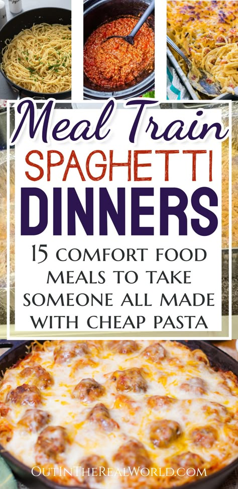 Easy Meal Train Meals, Easy Meals To Take To Someone, Meal Train Ideas Dinners, Meals To Take To Someone, Meal Train Meals, Easy Spaghetti Recipes, Cheap Pasta, Cheap Easy Dinner Ideas, Meal Train Ideas