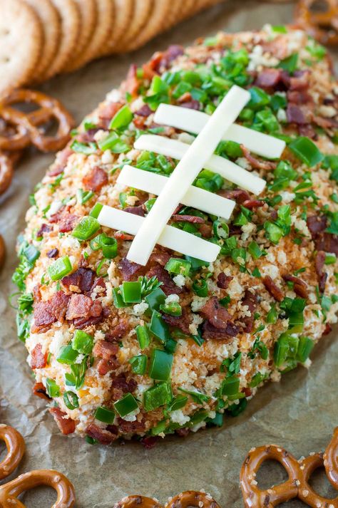 Jalapeño Popper Football Cheese Ball - Peas and Crayons Football Cheese Ball, Super Bowl Ideas, Superbowl Food, Football Party Foods, Super Bowl Snacks, Superbowl Appetizers, Football Snacks, Bowl Party Food, Game Day Appetizers