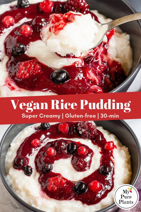 This is the creamiest vegan rice pudding you can make. This recipe is using aromatic jasmine rice cooked in the mix of almond milk and coconut milk. Served with a swirl of homemade cinnamon berry sauce. It is an absolutely delicious breakfast or dessert! Rice Dessert Recipes, Vegan Rice Pudding, Homemade Cashew Milk, Coconut Rice Pudding, Rice Desserts, Milk Rice, Milk Dessert, Vegan Rice, Berry Sauce