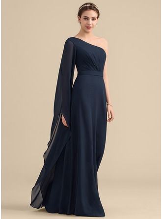 A-Line/Princess One-Shoulder Floor-Length Ruffle Zipper Up at Side Sleeves Long Sleeves No Dark Navy Spring Summer Fall Winter General Plus Chiffon Height:5.7ft Bust:33in Waist:24in Hips:34in US 2 / UK 6 / EU 32 Bridesmaid Dress #153335, JJsHouse.com Cap Sleeve Bridesmaid Dress, Princess Bridesmaid Dress, Sleeveless Bridesmaid Dresses, Floor Length Chiffon Bridesmaid Dresses, Ruffle Fabric, Bridesmaid Dresses Online, Chiffon Bridesmaid Dress, Bridesmaid Gown, Dress Silhouette