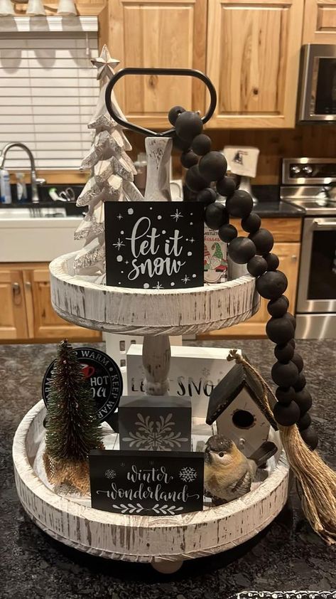 Tiered Tray Decorating & More | Love the tray! | Facebook How To Decorate 3 Tiered Tray Christmas, Winter Tiered Tray Decor Diy, Christmas 2 Tier Tray Decor, Serving Tray Decor Ideas, Winter Tray Decor, Winter Tray, Winter Tiered Tray Decor, Winter Centerpieces, Farmhouse Tray