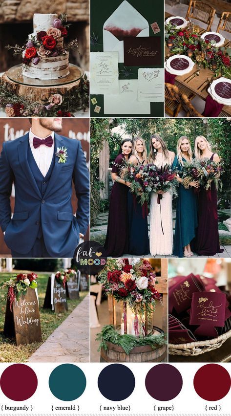 Jewel toned Wedding Colours { The perfect Autumn Wedding Colurs } emerald, purple, burgundy, red #wedding #color #fallwedding Red Purple Blue Green Wedding, Burgundy Wedding Colour Scheme, Emerald And Blue Bridesmaid Dresses, Ruby Red And Gold Wedding, Burgundy Colour Scheme Wedding, Navy Emerald Pink Wedding, Wedding Colour Schemes Burgundy, Fall Wedding Color Palette 2023, Navy Green Red Color Palette