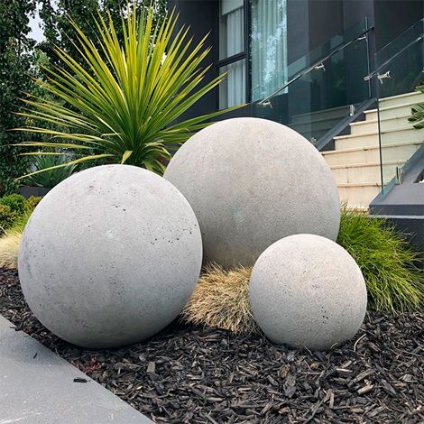 Stone Balls Natural Yard Stones, Garden Spheres, Garden Balls, Front Walkway, Water Fountains Outdoor, Backyard Pool Landscaping, Garden Makeover, Outdoor Fountain, Concrete Garden