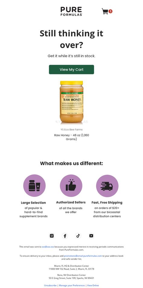 An awesome Cart abandonment email example from PureFormulas. View 100+ more email templates and examples and get inspiration for your next email design with MailCharts! #EmailDesign #EmailMarketing #EmailInspiration #CartAbandonmentEmail Abandoned Checkout Email Design, Cart Abandonment Email, Abandoned Cart Email Examples, Email Campaign Template, Browse Abandonment Email, Email Campaign Design Inspiration, Edm Design Email Marketing, Abandoned Cart Email Design, Email Marketing Campaign Ideas