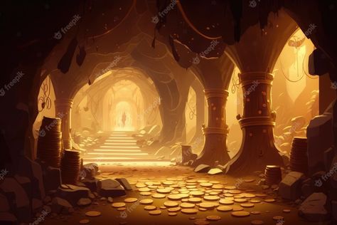 Treasure Cave Concept Art, Golden City Fantasy Art, Cave City Fantasy Art, Mining Aesthetic, Fantasy Mine, Fantasy Cave, Cave Illustration, Desert Cave, Lost City Of Gold