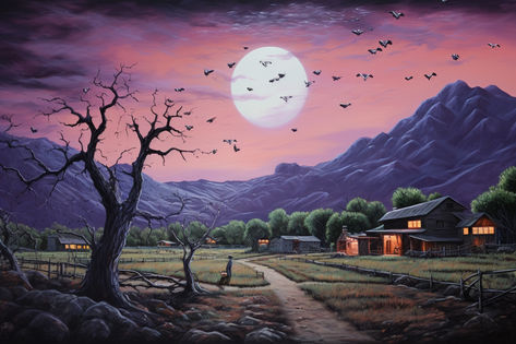 Spooky Landscape, Landscape On Canvas, Pretty Moon, Bats Flying, Field Mouse, Art Living Room Wall, Spring Morning, Horror Artwork, Painting Nature