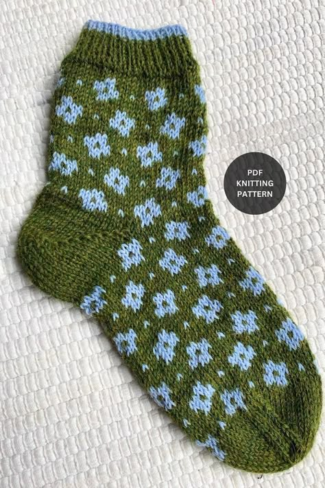 Ditzy Floral Socks Knitting Pattern: Unisex Socks with a Floral Touch Cute Sock Knitting Pattern, Knit Socks Colorwork, Color Work Socks, Colorwork Socks Pattern, Flower Knitting Chart, Knitting Scraps, Knitting Colorwork Chart, Garter Stitch Knitting Patterns, Irish Knitting Patterns