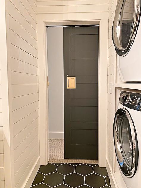 Get inspiration for your small bathroom here with our finished modern farmhouse bathroom for our kids. Tons of small bathroom ideas here! Basement Bathroom Laundry Combo Layout, Laundry Closet Bathroom Combo, Laundry With Powder Room, Walk Through Laundry Room To Bathroom, Laundry Room With Full Bathroom, Small Laundry Room Built In Cabinets, Small Half Bathroom And Laundry Room Combo, Narrow Bathroom And Laundry Room Combo, Small Laundry Room Powder Room Combo