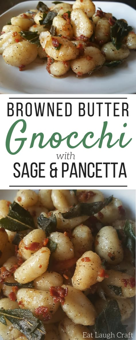 Rich and delicious browned butter gnocchi with sage and pancetta! Butter Gnocchi, November Meals, Date Night Meals, Pancetta Recipes, Pancetta Pasta, Italian Potatoes, Sage Recipes, Butter Pasta, Broccoli Slaw