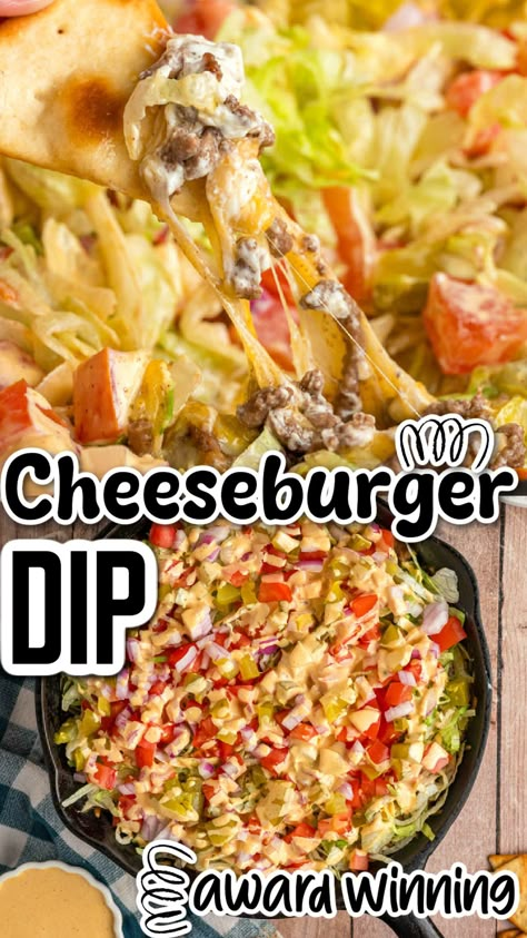 Touchdown-worthy Cheeseburger Dip! 🏈 Perfect for your next game day spread, this savory, cheesy dip has all the flavors of a classic cheeseburger in a shareable form. Layered with juicy ground beef, melted cheese, and topped with all the fixings, it’s the ultimate football food appetizer. Serve it with chips, pita, or veggies for an easy crowd-pleaser Big Mac Dip, Dips With Ground Beef, Ground Beef Dip, American Recipes Dinner, Hamburger Dip, Classic Cheeseburger, Football Food Appetizers, Cheeseburger Dip, Beef Appetizers