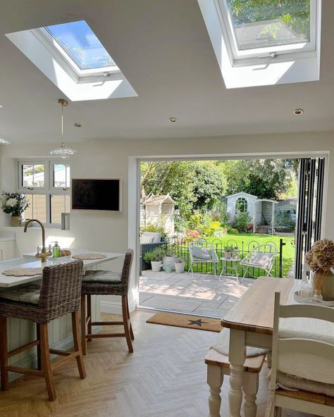 Kitchen Extension With Bifold Doors, Bifold Doors Extension, Bifold Doors Onto Patio, Bi Folding Doors Kitchen, White Bifold Doors, Bi Folding Doors, Aluminium Bifold Doors, Open Kitchen Dining Room, House Extension Plans