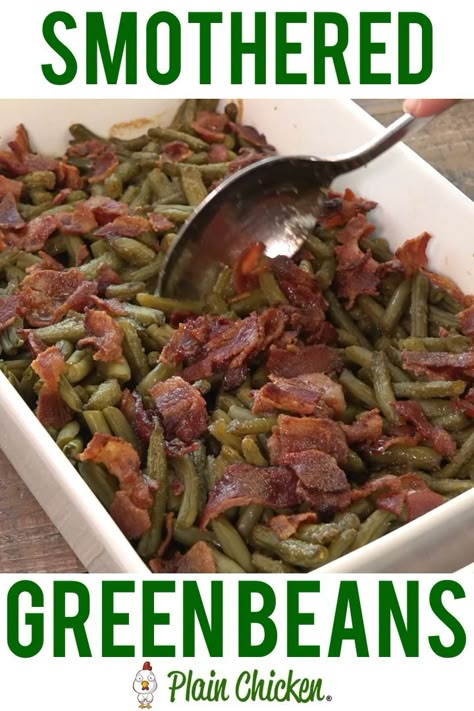 Smothered Green Beans - canned green beans baked in bacon, brown sugar, butter, soy sauce and garlic. This is the most requested green bean recipe in our house.Everybody gets seconds. SO good!! Great for a potluck. Everyone asks for the recipe! Super easy to make. Smothered Green Beans, Canned Green Beans, Beans Baked, Green Bean Recipe, Baked Green Beans, Beans With Bacon, Brown Sugar Butter, Green Beans With Bacon, Bean Recipe