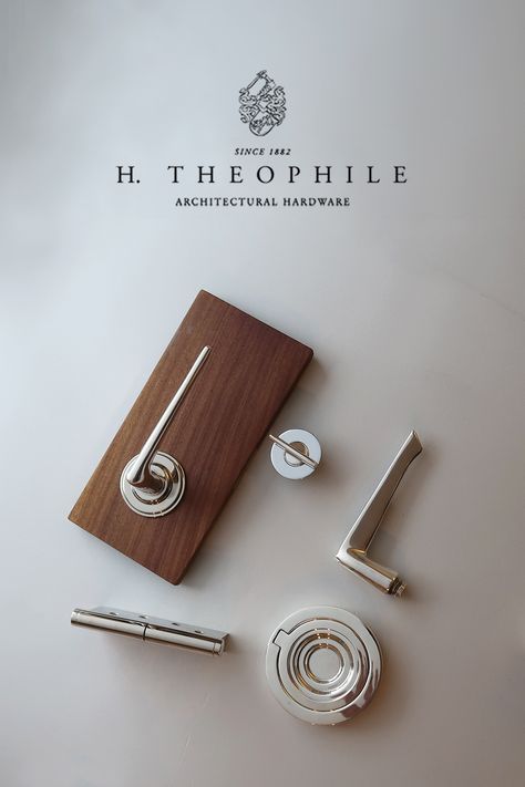 Mid-Centruy Levers. Unique Hardware Designs by H. Theophile. These levers are a perfect example of Mid-Century style and function with a flat tapering handle, round shaft, and stylized hook. Paired with a coordinating thumbturn, ring pull, and hinge. Well-suited for interior doors, entry doors, double doors, or closet doors. Shown in polished nickel. Available in a range of finishes. Click through to see these designs and browse H. Theophile's collection of mid-century hardware. Mid Century Modern Door Handles, Mid Century Door Handles, Modern Door Handles, Mid Century Door, Mid Century Modern Door, Doors Entry, Unique Hardware, Lever Door Handles, Modern Hardware