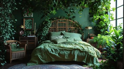 A Lush Green Sanctuary: How Nature Transforms Witchy Bedrooms Green Leafy Bedroom, Swamp Bedroom, Green Witchy Bedroom, Green Witch Bedroom, Witch Bedroom Ideas, Witch Bedroom, Sanctuary Design, Witch Bedrooms, Witchy Bedroom