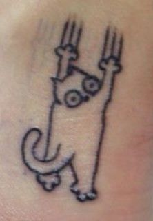 Cat Hanging Tattoo, Therian Tattoo Ideas, Henna Ankle Tattoo, Guy Tattoos Ideas, Cat Tattoo Minimalist, Simple Cat Tattoos, Silly Little Tattoos, Cat Henna, Scene Tattoos