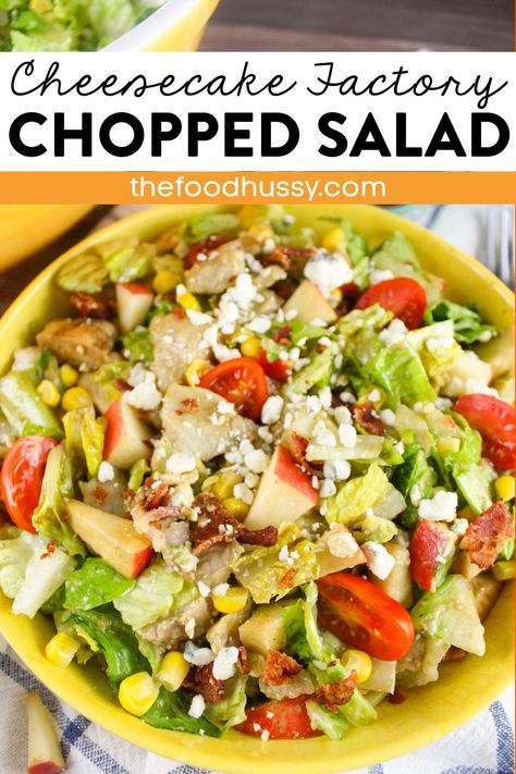 Cheesecake Factory Chopped Salad is a delicious blend of romaine, juicy grilled chicken, grape tomatoes, diced avocado, sweet corn, smoky bacon, chunks of blue cheese and diced apple all tossed in a light Balsamic Vinaigrette! This salad has something for everyone - with a little crunch, a little sweet, a little meat - it's my favorite! Chicken Blue Cheese Salad, Copycat Cheesecake Factory Chopped Salad, Copycat Cheesecake Factory Salad, Cheesecake Factory Chopped Salad Recipe, Cheesecake Factory Salads, Specialty Salads, Chopped Salad Dressing, Awesome Salads, Juicy Grilled Chicken