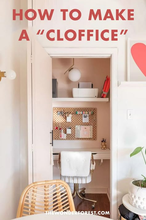 Desk In A Cupboard, Desk In Small Closet, Makeup Desk In Closet, Small Closet Desk, Closet Desks, Cloffice Ideas Small Spaces, Small Closet Office, Stair Office, Pull Down Desk