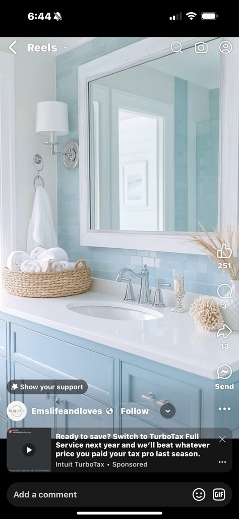 Coastal Bathroom Showers, Bathroom With Light Blue Vanity, Small Beach Bathroom Ideas, Powder Blue Bathroom, Beach House Guest Bathroom, Daughters Bathroom, Coastal Farmhouse Bathroom, Shower Bathroom Ideas, Beach Bathroom Ideas