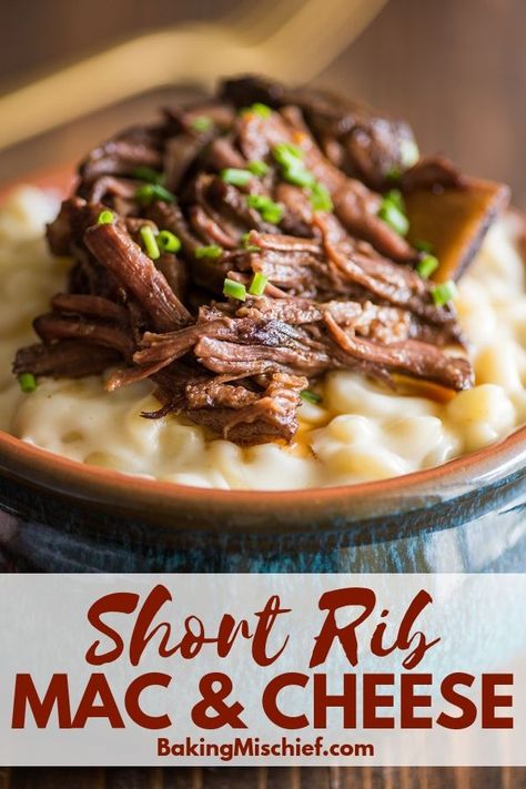 Short Rib Mac and Cheese is fast, easy, and so good. | #macandcheese | | #shortribs | Short Rib Mac And Cheese, Rib Mac And Cheese, Tenderloin Beef, Baking Mischief, Homemade Macaroni Cheese, Beef Roll Ups, Beef Short Rib Recipes, Leftover Beef, Beef Roll