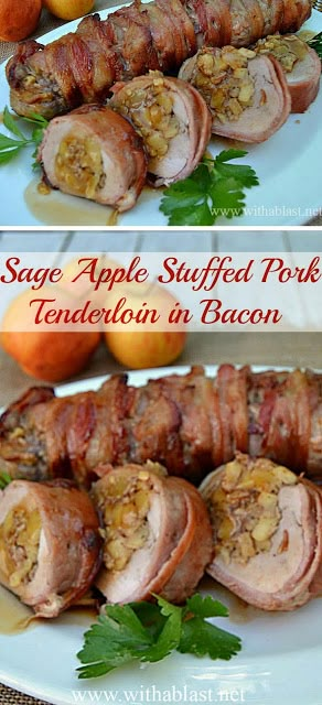 Apple Stuffed Pork Tenderloin, Pork Fillet Recipes, Apple Pork Tenderloin, Cooking Pork Tenderloin, Bacon Wrapped Pork Tenderloin, Cooking Pork, Bacon Wrapped Pork, Pork Fillet, Stuffed Pork