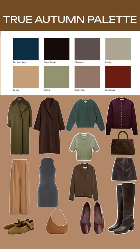 True autumn, warm autumn color palette Mellow Autumn Style, Summer Outfits For Autumn Palette, Deep Autumn Vs Soft Autumn, True Autumn Winter Outfits, Autumn Wardrobe Color Palette, Color Analysis Autumn Outfit, Autumn Pallette Outfit, Medium Autumn Color Palette, Autumn Colors Aesthetic