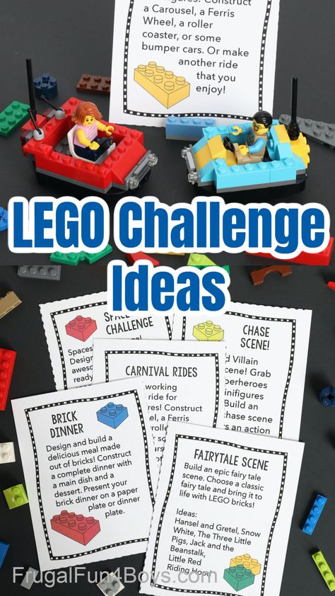 Fun LEGO Challenge Ideas for aspiring master builders! Hold your own LEGO building competition at a birthday party or LEGO club, or just use these for a rainy day. Lego Challenge Ideas, Lego Activities For Kids, Lego Stem Challenge, Lego Learning, Printable Lego, Lego Camp, Lego Challenge, Stem Lab, Lego Club