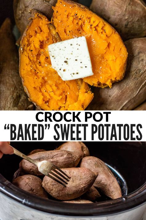 How to make “baked” crockpot sweet potatoes! Tender and fluffy, these slow cooker sweet potatoes are so simple with no prep. Perfect for a healthy side or with toppings for a full meal! You can served these mashed or all on their own. #whole30 #glutenfree #wellplated Crockpot Sweet Potatoes, Healthy Sweet Potato Recipes, Good Sweet Potato Recipe, Crock Pot Sweet Potatoes, Raw Sweet Potato, Sweet Potato Recipes Healthy, Slow Cooker Sweet Potatoes, Well Plated, Healthy Sweet Potato