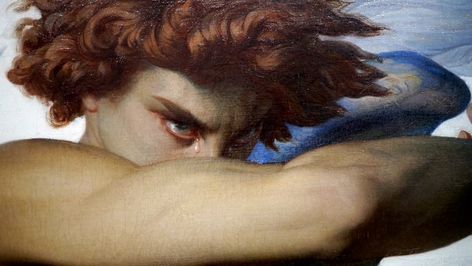 Lucifer painting. The quiet fury and resentment in his eyes, the tears for his loss, hands clasped together in an effort to control the intense emotions boiling inside while being scorned by the angelic bourgeoisie above... the first emo ever. Part 1 Alexandre Cabanel, Fallen Angel, Blue Eyes, A Woman, Angel, Red, Hair, Blue