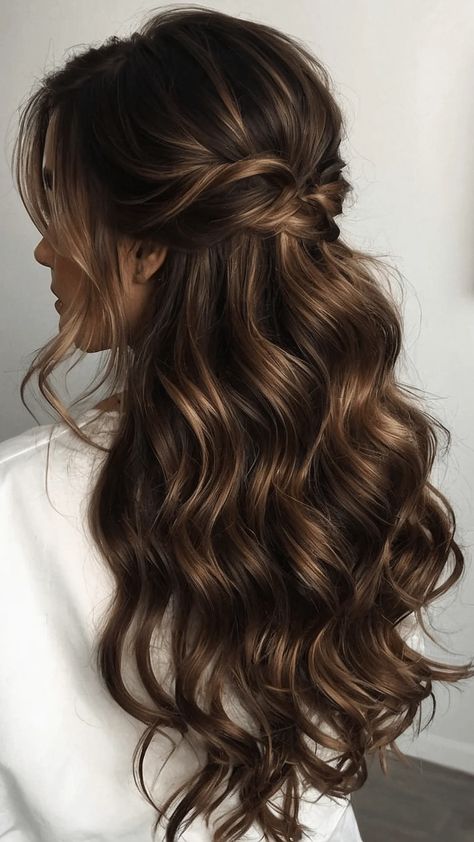 Dive into the Wave: 15 Wavy Hair Style Ideas for Your Perfect Look 45 Hairstyles Wavy Hair Medium Wedding, Bridal Hair Based On Dress, Hairstyles For Weddings Half Up Half Down, Soft Romantic Curls Wedding, Bridesmaid Hairstyles Half Up Half Down Braid Medium Lengths Long, Bridal Hair Half Up Half Down Brunette, October Wedding Hairstyles, Wedding Hairstyles With Veil Hair Down Long Curly Loose Curls, Loose Curls Long Hair Wedding