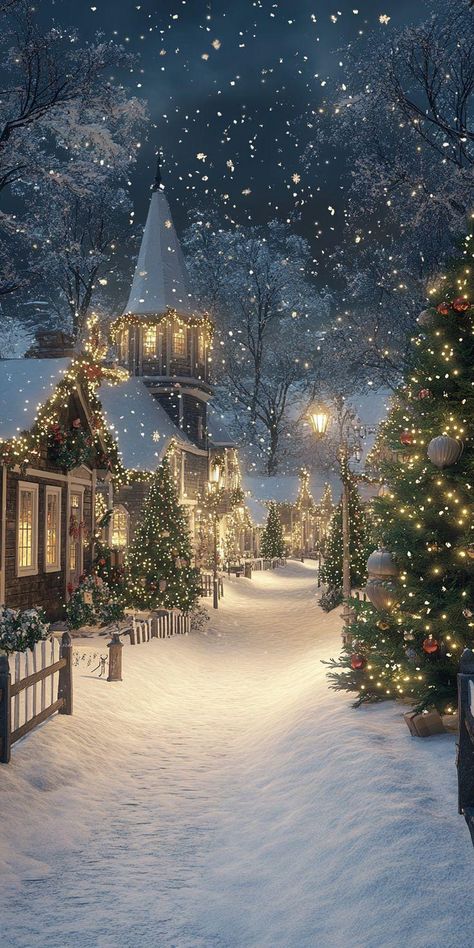 A festive snow-covered street lined with decorated cottages and glowing Christmas lights, creating a magical Christmas village wallpaper scene. Holiday Season Wallpaper Iphone, Christmas Tree In The Snow, Cute Phone Screen Wallpaper, Christmas Art Pictures, Background Images Winter, Old Christmas Wallpaper, White Wallpaper Christmas, Snow Trees Wallpaper, Christmas Wallpaper Home Screen