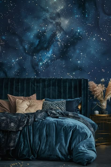 Dark Bedroom Aesthetic, Celestial Bedroom, Celestial Room, Galaxy Bedroom, Bedroom Aesthetic Ideas, Light Walls, Velvet Bedding, Goth Bedroom, Layered Bedding