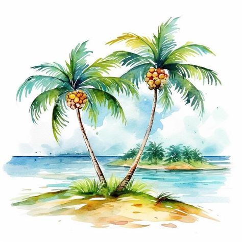 Small Beach Paintings, Sunset Beach Watercolor, Island Drawing, Smash Glass, Ebook Template Design, Palm Tree Island, Paint Pictures, Beach Drawing, Beach Art Painting