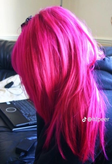 Pink Hair In Ponytail, Fuchsia Pink Hair, Pink Hair Grunge, Fuschia Hair, Neon Pink Hair, Bright Pink Hair, Pink And Black Hair, Magenta Hair, Hot Pink Hair