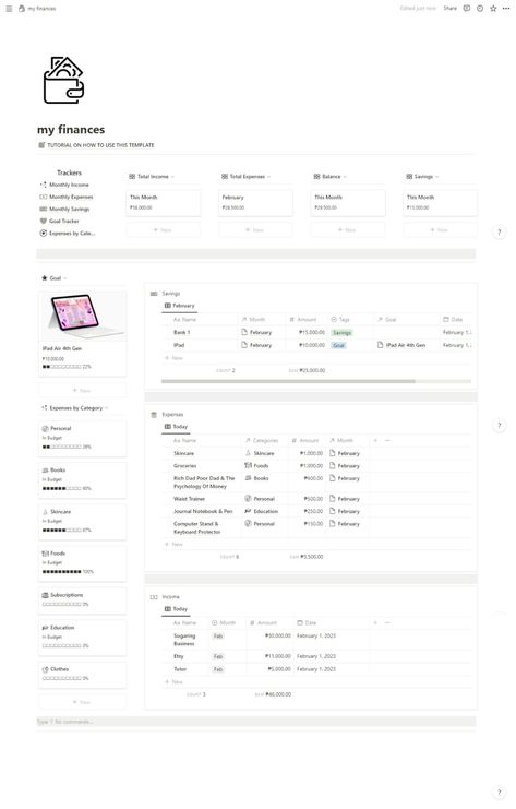 Keep track of your income, expenses, and net worth with this easy-to-use Notion template.

This template includes everything you need to track your finances, including:

 A monthly budget
 A spending tracker
 A net worth tracker
 A debt repayment tracker
 A savings tracker

You can also use this template to set financial goals and track your progress.

Get started with your financial journey to Notion Savings Template, Gym Notion, Notion Portfolio, Notion Monthly Planner, Blue Notion Template, Free Study Planner, Notion Template Ideas Personal, Notion Budget Template, Finances Tracker