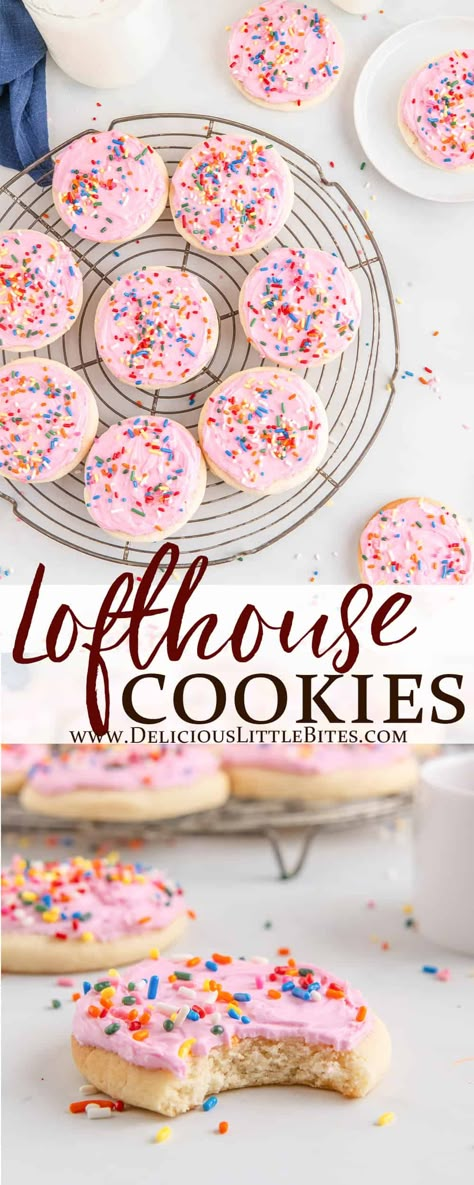 Lofthouse Cookies are soft, fluffy, sweet, melt in your mouth sugar cookies. They are frosted with a creamy, smooth, rich and sweet, buttercream frosting and finished off with sprinkles for that signature Lofthouse cookie look. | #lofthousecookies #sugarcookies #copycatrecipe #cookies #baking Loft House Cookies, Lofthouse Sugar Cookies Recipe, Sweet Buttercream Frosting, Lofthouse Cookie Recipe, Cooking Therapy, Ultimate Cookie Recipe, Fun Snack Ideas, Cookie Frosting Recipe, Lofthouse Sugar Cookies